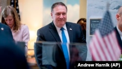 Secretary of State nominee Mike Pompeo leaves a meeting on Capitol Hill in Washington, April 9, 2018