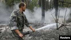 Лесник помогает тушить пожар 